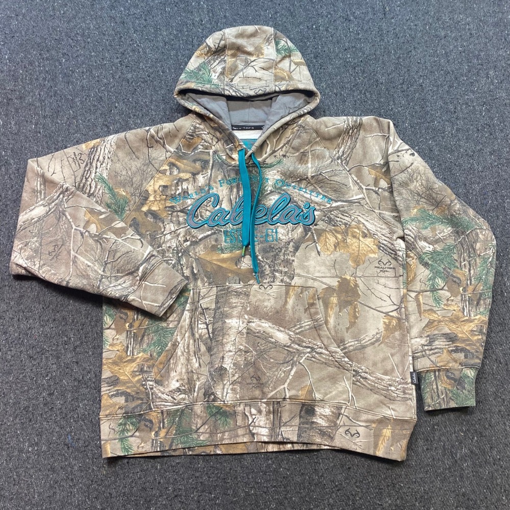 Cabelas Hoodie Sz XL Mens Brown Realtree Camo Gorpcore Teal Logo Sweatshirt